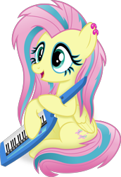 Size: 3088x4498 | Tagged: safe, artist:anime-equestria, fluttershy, pegasus, pony, g4, 80s, alternate hairstyle, cute, ear piercing, female, happy, high res, holding, keytar, mare, musical instrument, piercing, shyabetes, simple background, sitting, solo, transparent background, vector, wings
