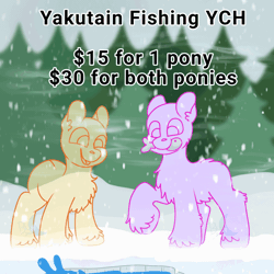 Size: 1200x1200 | Tagged: safe, artist:bluemoon, fish, pony, yakutian horse, animated, blurry background, chest fluff, commission, duo, fishing, gif, snow, snowfall, ych example, your character here