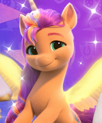 Size: 435x523 | Tagged: safe, sunny starscout, alicorn, pony, g5, my little pony: make your mark, cute, female, mane stripe sunny, mare, race swap, smiling, solo, sunnybetes, sunnycorn