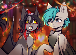 Size: 2637x1923 | Tagged: safe, artist:kutoshi, oc, oc only, oc:aphelios oil, oc:vine jail, bat pony, pegasus, pony, anthro, anthro oc, choker, christmas, duo, ears, ears up, female, hair, holiday, male, mare