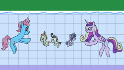Size: 1920x1080 | Tagged: safe, artist:platinumdrop, cup cake, pound cake, princess cadance, princess flurry heart, pumpkin cake, g4, missing accessory, puffy cheeks, request, swimming, swimming pool, underwater, water