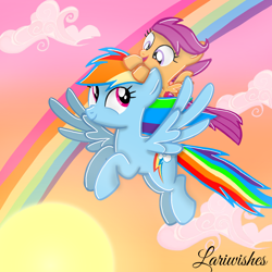 Size: 1300x1300 | Tagged: safe, artist:mlplary6, rainbow dash, scootaloo, pegasus, pony, cloud, duo, duo female, female, filly, flying, foal, happy, looking at each other, looking at someone, mare, open mouth, open smile, ponies riding ponies, rainbow, riding, scootaloo riding rainbow dash, scootalove, sibling love, siblings, sisters, smiling, spread wings, sun, sunset, wings