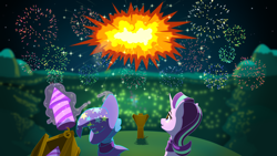 Size: 4444x2500 | Tagged: safe, artist:dacaoo, starlight glimmer, trixie, pony, unicorn, g4, cape, christmas, clothes, duo, duo female, explosion, female, fireworks, happy new year, happy new year 2023, hat, holiday, magic, magic aura, telekinesis, trixie's cape, trixie's hat