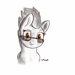 Size: 3598x3598 | Tagged: safe, artist:simplesaemple, spitfire, pegasus, pony, g4, bust, grayscale, high res, looking at you, monochrome, simple background, solo, sunglasses, sunglasses on head, white background