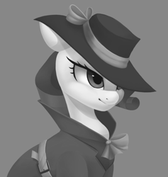 Size: 1003x1058 | Tagged: safe, artist:melodylibris, rarity, pony, unicorn, g4, black and white, clothes, detective rarity, female, gray background, grayscale, hat, mare, monochrome, simple background, solo, trenchcoat