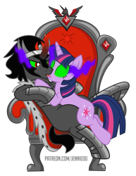 Size: 773x1000 | Tagged: safe, artist:jennieoo, king sombra, twilight sparkle, pony, unicorn, g4, alicorn amulet, crown, female, glowing, glowing eyes, jewelry, kissing, male, mind control, on top, regalia, ship:twibra, shipping, show accurate, simple background, sombra eyes, sombrafied, straight, throne, transparent background, vector