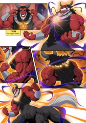 Size: 2880x4096 | Tagged: safe, artist:ponyanony, discord, lord tirek, centaur, draconequus, taur, comic:muscular discourse, g4, cave, comic, commission, duo, duo male, glowing, growth, high res, magic, magic aura, male, muscle expansion, muscles, muscular male, vein, vein bulge