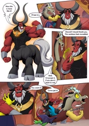 Size: 2880x4096 | Tagged: safe, artist:ponyanony, discord, lord tirek, centaur, draconequus, taur, comic:muscular discourse, g4, cave, comic, commission, duo, duo male, glowing, high res, jewelry, magic, magic aura, male, mirror, muscles, muscular male, necklace, throwing, vein