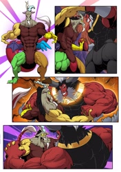 Size: 2880x4096 | Tagged: safe, artist:ponyanony, discord, lord tirek, centaur, draconequus, taur, comic:muscular discourse, g4, cave, comic, commission, deltscord, duo, duo male, fight, glowing, growth, high res, magic, magic aura, male, muscle expansion, muscles, overdeveloped muscles, vein