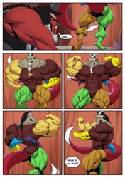 Size: 2880x4096 | Tagged: safe, artist:ponyanony, discord, lord tirek, centaur, draconequus, taur, comic:muscular discourse, g4, ass, asscord, butt, cave, comic, commission, deltscord, duo, duo male, high res, jewelry, male, muscles, muscular male, necklace, overdeveloped muscles, pose, taunting, vein