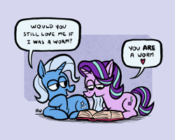 Size: 2048x1638 | Tagged: safe, artist:horsewizardart, starlight glimmer, trixie, pony, unicorn, g4, book, dialogue, duo, duo female, female, heart, lesbian, lidded eyes, lying down, prone, reading, ship:startrix, shipping, smiling, speech bubble