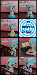 Size: 4320x8640 | Tagged: safe, artist:the luna fan, derpibooru exclusive, part of a set, oc, oc only, oc:sweet elis, pony, 3d, absurd resolution, blender, blender cycles, clothes, comic, crying, floor, part of a series, peace sign, pencil, sitting, smiling, socks, solo, speech bubble, striped socks, table, text