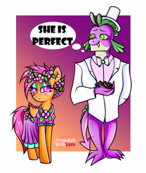 Size: 2450x2900 | Tagged: safe, artist:loverashley, scootaloo, spike, dragon, pegasus, pony, anthro, digitigrade anthro, g4, blushing, bowtie, clothes, dress, eyelashes, female, floral head wreath, flower, hat, high res, makeup, male, mare, older, older scootaloo, older spike, scootaloo also dresses in style, ship:scootaspike, shipping, straight, suit, thought bubble, tomboy taming, top hat, wedding dress