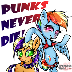 Size: 1900x1900 | Tagged: safe, artist:loverashley, applejack, rainbow dash, earth pony, pegasus, pony, g4, :p, alternate hairstyle, bipedal, blushing, bra, choker, clothes, duo, ear fluff, eyelashes, grin, punk, simple background, smiling, spiked choker, spiked wristband, tongue out, underwear, white background, wings, wristband