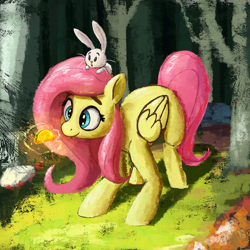 Size: 2000x2000 | Tagged: safe, artist:phutashi, angel bunny, fluttershy, pegasus, pony, rabbit, g4, angel riding fluttershy, animal, cute, duo, female, floating, food, high res, looking at something, magic, magic aura, male, mare, rabbits riding ponies, shyabetes, taco