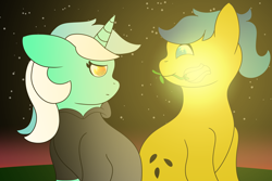 Size: 6000x4000 | Tagged: safe, artist:eminent entropy, lyra heartstrings, oc, oc:morning dew, earth pony, pony, unicorn, fanfic:background pony, g4, black hoodie, clothes, dig the swell hoodie, duo, earth pony oc, flower, happy, hoodie, night, night sky, pensive, sky, sunrise, tulip