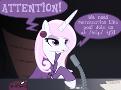 Size: 2732x2048 | Tagged: safe, artist:mistress midnight, fleur-de-lis, pony, unicorn, g4, /mlp/ tf2 general, ashtray, cigarette, clothes, dialogue box, female, high res, mare, microphone, solo, speech bubble, suit, team fortress 2, the administrator
