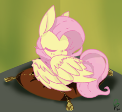 Size: 710x653 | Tagged: safe, artist:pagophasia, derpibooru exclusive, fluttershy, pegasus, pony, g4, behaving like a bird, cushion, cute, eyes closed, female, flutterbird, impossibly long eyelashes, lying down, pillow, shyabetes, sleeping, solo, tassels, wings