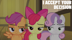 Size: 1920x1080 | Tagged: safe, edit, edited screencap, editor:quoterific, screencap, apple bloom, scootaloo, sweetie belle, earth pony, pegasus, pony, unicorn, g4, somepony to watch over me, apple bloom is not amused, apple bloom's bow, bow, cutie mark crusaders, female, filly, foal, frown, hair bow, looking at someone, scootaloo is not amused, sweetie belle is not amused, trio, trio female, unamused