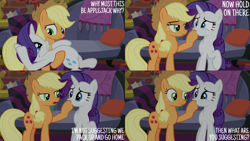 Size: 4400x2475 | Tagged: safe, edit, edited screencap, editor:quoterific, screencap, applejack, rarity, earth pony, pony, unicorn, g4, made in manehattan, season 5, applejack is not amused, applejack's hat, cowboy hat, crying, duo, duo female, eyeshadow, female, freckles, frown, gritted teeth, hat, hoof over mouth, hoofjack, makeup, mare, marshmelodrama, open mouth, rarity being rarity, running makeup, teeth, unamused