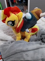 Size: 3120x4160 | Tagged: safe, artist:onlyfactory, sunset shimmer, pony, g4, among us, bootleg, crewmate (among us), irl, merchandise, meta, photo, plushie, pun, riding, riding a pony, sus (among us), visual pun, your argument is invalid
