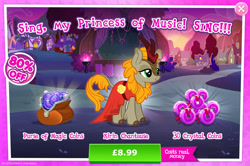Size: 1958x1300 | Tagged: safe, gameloft, fall flower, kirin, g4, my little pony: magic princess, advertisement, background character, background kirin, beauty mark, clothes, cloven hooves, costs real money, dress, english, female, flower, horn, introduction card, magic coins, mobile game, numbers, phantom of the opera, sale, solo, text