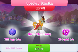 Size: 1267x857 | Tagged: safe, gameloft, fall flower, kirin, g4, my little pony: magic princess, background character, background kirin, beauty mark, bundle, clothes, cloven hooves, costs real money, dress, english, female, flower, horn, magic coins, mobile game, numbers, phantom of the opera, sale, solo, text