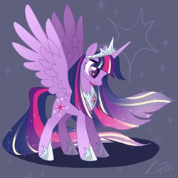 Size: 2000x2000 | Tagged: safe, artist:creeate97, twilight sparkle, alicorn, pony, g4, high res, jewelry, looking sideways, older twilight sparkle (alicorn), regalia, signature, smiling, solo, sparkles, spread wings, tiara, twilight sparkle (alicorn), wings