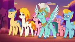 Size: 3072x1727 | Tagged: safe, screencap, cherry flyaway, feather clips, flare (g5), lemon gear, nightracer, thunder flap, windy, pegasus, pony, firework-ing together, g5, my little pony: tell your tale, spoiler:g5, spoiler:my little pony: tell your tale, spoiler:tyts01e42, female, flying, frown, high res, male, mare, pegasus royal guard, royal guard, smiling, spread wings, stallion, wings, youtube link