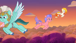 Size: 3072x1727 | Tagged: safe, screencap, cherry flyaway, flare (g5), thunder flap, windy, pegasus, pony, firework-ing together, g5, my little pony: tell your tale, spoiler:g5, spoiler:my little pony: tell your tale, spoiler:tyts01e42, female, flying, high res, male, mare, pegasus royal guard, royal guard, spread wings, stallion, wings, youtube link