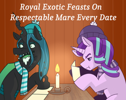 Size: 3375x2700 | Tagged: safe, artist:daotterguy, queen chrysalis, starlight glimmer, changeling, pony, unicorn, g4, candle, clothes, high res, scarf, striped scarf