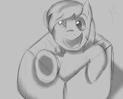 Size: 2500x2000 | Tagged: safe, artist:reinbou, derpy hooves, pegasus, pony, g4, box, grayscale, high res, monochrome, pony in a box, simple background, sketch, smiling, solo