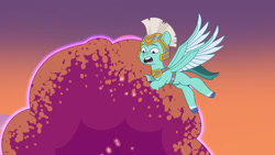 Size: 3072x1727 | Tagged: safe, screencap, thunder flap, pegasus, pony, firework-ing together, g5, my little pony: tell your tale, spoiler:g5, spoiler:my little pony: tell your tale, spoiler:tyts01e42, flying, high res, male, open mouth, pegasus royal guard, royal guard, solo, spread wings, stallion, wings, youtube link