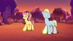 Size: 3072x1727 | Tagged: safe, screencap, clapboard snap, posey bloom, earth pony, pony, firework-ing together, g5, my little pony: tell your tale, spoiler:g5, spoiler:my little pony: tell your tale, spoiler:tyts01e42, duo, duo male and female, earth pony magic, female, frown, high res, magic, male, mare, pinpoint eyes, stallion, youtube link