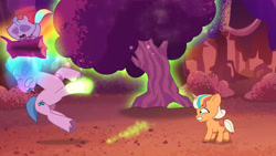 Size: 3072x1727 | Tagged: safe, screencap, cherry prancer, peach fizz, earth pony, pony, raccoon, raccoonicorn, firework-ing together, g5, my little pony: tell your tale, spoiler:g5, spoiler:my little pony: tell your tale, spoiler:tyts01e42, eyes closed, female, filly, foal, high res, male, open mouth, pinpoint eyes, stallion, trio, youtube link