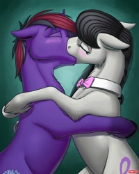 Size: 1024x1280 | Tagged: safe, artist:wwredgrave, octavia melody, oc, oc:slimshod, earth pony, pony, g4, blushing, bowtie, canon x oc, commission, duo, earth pony oc, eyes closed, female, floppy ears, kiss on the lips, kissing, male, mare, stallion, straight, unshorn fetlocks, ych result
