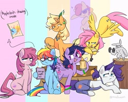 Size: 2499x1997 | Tagged: safe, artist:madiwann, angel bunny, apple bloom, applejack, fluttershy, pinkie pie, rainbow dash, rarity, twilight sparkle, alicorn, earth pony, pegasus, pony, rabbit, unicorn, g4, animal, clothes, coach, coach fluttershy, dumbbell (object), female, filly, foal, lesbian, mane six, mare, messy mane, muscles, overalls, personality swap, ship:appledash, shipping, sweat, twilight sparkle (alicorn), weight lifting, weights, whistle, whistle necklace
