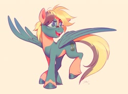 Size: 2896x2137 | Tagged: safe, artist:imalou, oc, oc only, oc:czairkolmoslink, pegasus, pony, blonde mane, commission, full body, glasses, green eyes, high res, looking right, male, open mouth, open smile, pegasus oc, simple background, smiling, solo, spread wings, stallion, teal coat, wings