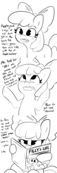 Size: 1584x4752 | Tagged: safe, artist:tjpones, apple bloom, earth pony, pony, g4, black and white, comic, dialogue, female, filly, foal, grayscale, high res, implied applejack, magazine, monochrome, reading, simple background, talking to viewer, tooth gap, white background