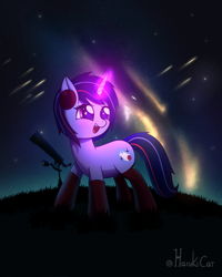 Size: 3130x3910 | Tagged: safe, artist:harukiicat, oc, oc only, oc:andromeda, pony, unicorn, clothes, female, glowing, glowing horn, high res, horn, magic, magic aura, mare, night, not twilight sparkle, open mouth, open smile, shooting star, sky, smiling, socks, solo, starry eyes, stars, telescope, unicorn oc, wingding eyes
