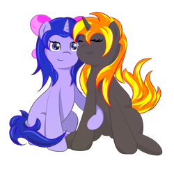 Size: 2550x2550 | Tagged: safe, artist:melody joy, oc, oc only, oc:java, oc:simetra, pony, unicorn, 2023 community collab, derpibooru community collaboration, bow, duo, duo female, eyes closed, female, hair bow, high res, horn, looking at you, mare, simple background, sitting, smiling, transparent background, unicorn oc