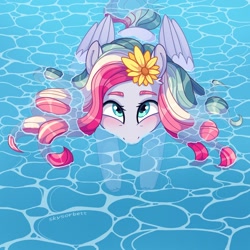 Size: 2020x2020 | Tagged: safe, artist:skysorbett, oc, oc only, oc:sky sorbet, pegasus, pony, blushing, cute, female, flower, flower in hair, high res, looking at you, looking up, mare, multicolored hair, ocbetes, partially submerged, pegasus oc, solo, unshorn fetlocks, water