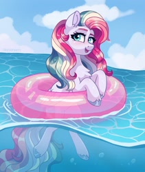 Size: 1874x2222 | Tagged: safe, artist:skysorbett, oc, oc only, oc:sky sorbet, pegasus, pony, female, floaty, inner tube, mare, open mouth, open smile, pegasus oc, pool toy, smiling, solo, swimming, unshorn fetlocks, water, wearing inflatable, wet, wet mane