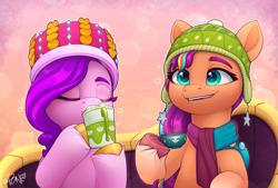 Size: 3400x2300 | Tagged: safe, artist:rivin177, pipp petals, sunny starscout, earth pony, pegasus, pony, g5, my little pony: make your mark, my little pony: make your mark chapter 3, winter wishday, spoiler:g5, spoiler:winter wishday, adorapipp, beanie, bokeh, chocolate, clothes, couch, cup, cute, drink, drinking, duo, ears, eyes closed, food, glass, hat, high res, holding, hoof hold, hooves, mane stripe sunny, raised hoof, scarf, simple background, sitting, smiling, stars, sunnybetes, tea, teeth, toque, underhoof, winter