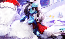 Size: 4900x3000 | Tagged: safe, artist:krissstudios, oc, oc only, oc:purapoint, earth pony, pony, blue pony, christmas, clothes, cute, earth pony oc, glasses, happy, hat, holiday, long tail, male, multicolored eyes, santa hat, snow, snowfall, solo, stallion, stripes, tail, top hat, wholesome