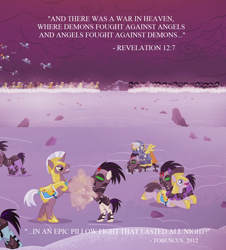 Size: 1280x1416 | Tagged: safe, edit, edited screencap, screencap, earth pony, pegasus, pony, unicorn, g4, the cutie re-mark, alternate timeline, apocalypse, battlefield, bible verse, crystal war timeline, darksiders, fight, helmet, literal, male, mind control, religion, royal guard, sombra soldier, stallion, text, tobuscus, unicorn royal guard