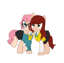 Size: 1805x1780 | Tagged: safe, artist:inventanator, oc, earth pony, pony, 2023 community collab, derpibooru community collaboration, asagao academy, clothes, duo, earth pony oc, eyebrows, eyebrows visible through hair, female, hana, mai, mare, necktie, normal boots club, school uniform, simple background, skirt, transparent background