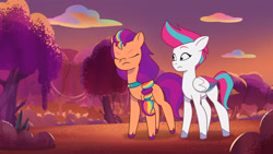 Size: 3072x1727 | Tagged: safe, screencap, sunny starscout, zipp storm, earth pony, pegasus, pony, firework-ing together, g5, my little pony: tell your tale, spoiler:g5, spoiler:my little pony: tell your tale, spoiler:tyts01e42, duo, duo female, eyes closed, female, frown, high res, mane stripe sunny, mare, youtube link