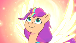 Size: 3072x1727 | Tagged: safe, screencap, sunny starscout, alicorn, pony, firework-ing together, g5, my little pony: tell your tale, spoiler:g5, spoiler:my little pony: tell your tale, spoiler:tyts01e42, female, glowing, glowing horn, high res, horn, looking up, mane stripe sunny, mare, race swap, smiling, solo, spread wings, sunnycorn, transformation, transformation sequence, wings, youtube link