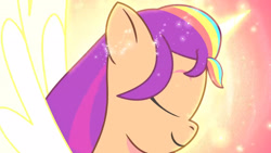 Size: 3072x1727 | Tagged: safe, screencap, sunny starscout, alicorn, pony, firework-ing together, g5, my little pony: tell your tale, spoiler:g5, spoiler:my little pony: tell your tale, spoiler:tyts01e42, eyes closed, female, glowing, glowing horn, high res, horn, mane stripe sunny, mare, race swap, smiling, solo, spread wings, sunnycorn, transformation, transformation sequence, wings, youtube link
